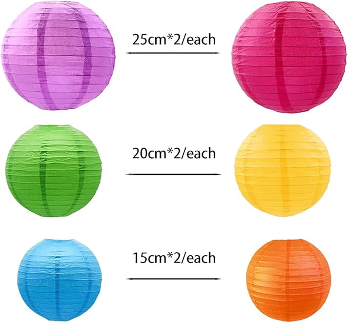 CC wonderland zone 12pcs Rainbow Hanging Paper Lanterns,Ceiling Colourful Round Paper Lanterns for Mexican Engagement Fiesta Cinco De Mayo Baby Shower Party Decoration（4" 6" 8" 10" ）