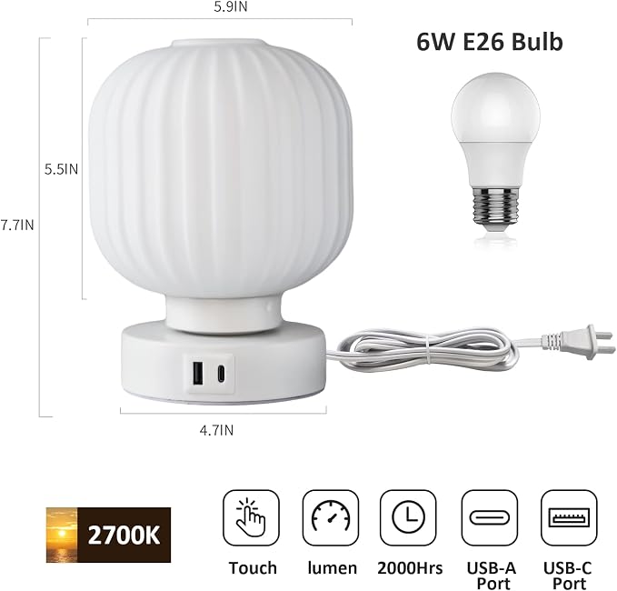 Elenhome Touch Bedside Glass Table Lamp Set of 2 with 3 Way Dimmable Light, Small Table Lamps with USB C+A Charging Ports - Bedroom Nightstand & Living Room Essential, Bulb Included