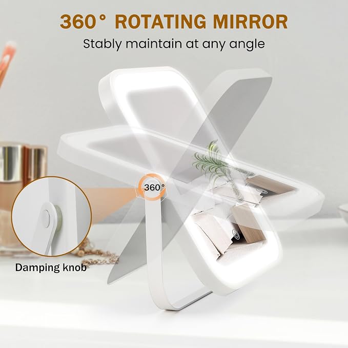 Rechargeable Vanity Mirror with Lights, 10"×8" Makeup Mirror with Lights, 1500mAH Battery, Smart Touch with 3-Color Lighting, Dimmable, HD Desk Mirror, Travel Essentials, Women Gift (White)