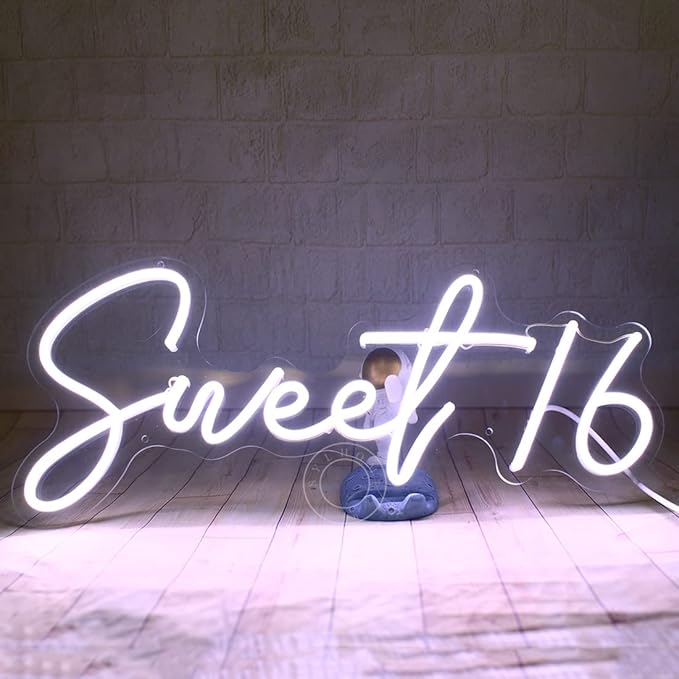 SYLHOME Sweet 16 LED Neon Light Sign 17"X7.3" Sweet Girls Adults Bedroom Happy 16th Birthday Party Wall Decor Beautiful Bestie Sister USB Cold White
