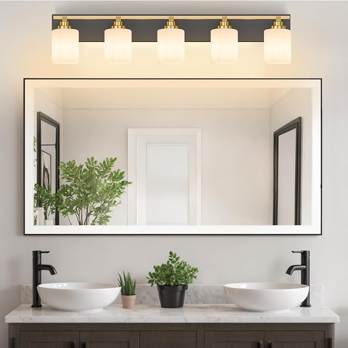 Black and Gold Bathroom Light Fixture, Modern 5 Light Vanity Lights for Bathroom Lighting Fixtures Over Mirror, White Glass Lampshade, Master & Guest bathrooms Bathroom Remodel, 35.4-inch