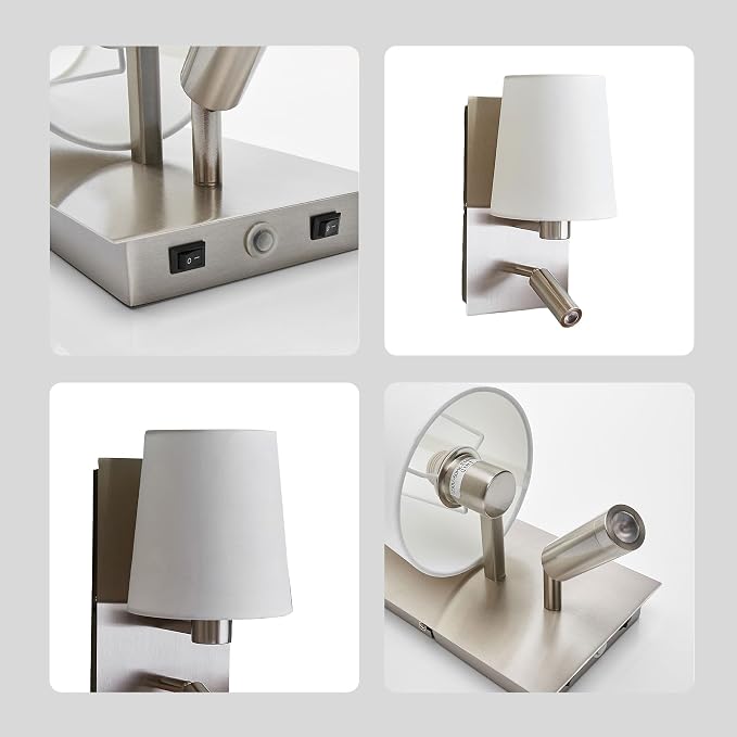 12.1" Wall Sconce with Shade & Reading Light, White Fabric Wall Lamp for Bedroom, Silver Bedside Wall Light with LED Reading Light 3000K 205 lm, Dual Switch, E12 Max 10W Bulb Not Included
