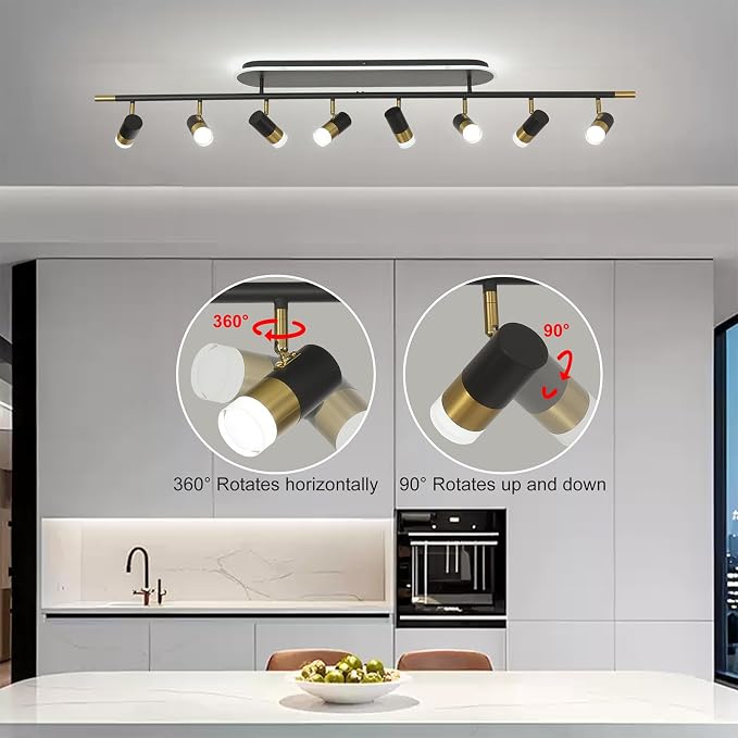 Jaycomey 8-Light LED Track Lighting Fixtures Ceiling, 74W Dimmable Ceiling Spotlights with Remote, 3000K-6500K Adjustable Modern Ceiling Light for Living Room, Dining Room, Bedroom, Black Gold