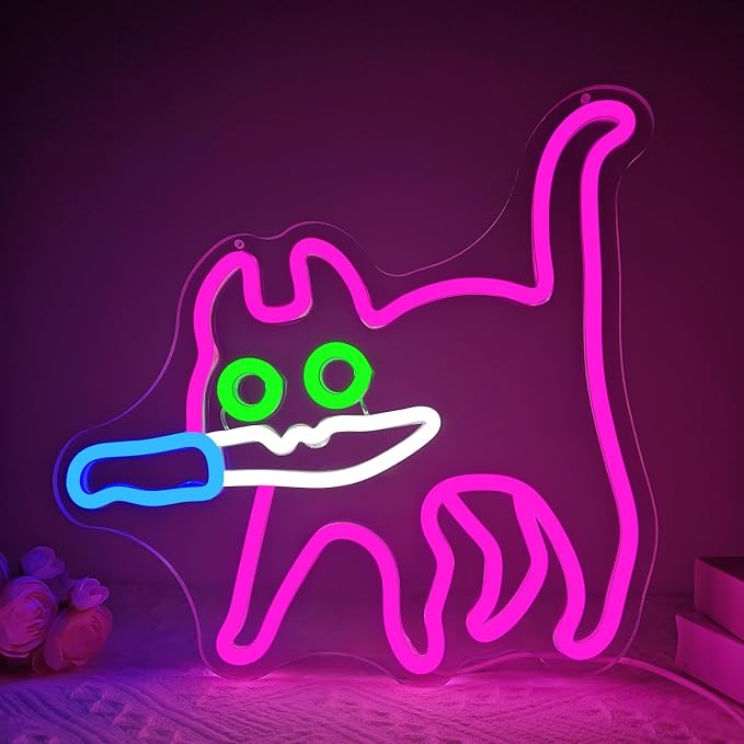Cautiously Cat Neon Signs for Wall Decor Dimmable Sneaky Cat Knife Neon Light Sign for Bedroom Pink Anime Cat Neon Sign for Zoo Cat Cafe Cat Man Cave