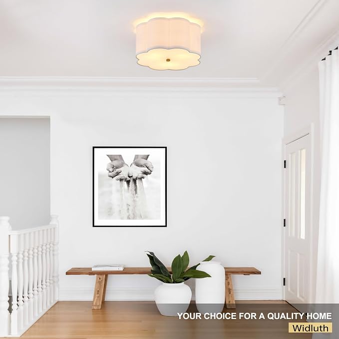 13" Gold Semi Flush Mount Ceiling Light, Linen 3-Light Fixture | White Linen Petal Shade, Modern Gold Style For Bedroom, Hallway,Dining, And Kitchen; Close-To-Ceiling, E26 Base, Easy Install