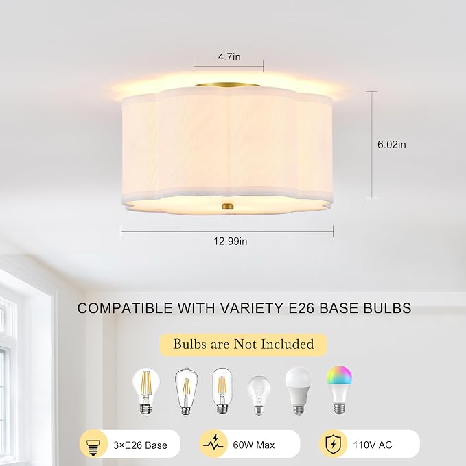 13" Gold Semi Flush Mount Ceiling Light, Linen 3-Light Fixture | White Linen Petal Shade, Modern Gold Style For Bedroom, Hallway,Dining, And Kitchen; Close-To-Ceiling, E26 Base, Easy Install