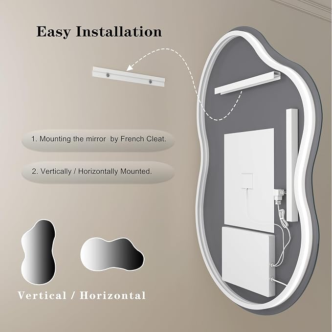 SMIROR 40x24 Irregular Backlit Led Lighted Bathroom Vanity Mirror | Asymmetrical, Cloud Shape, Anti-Fog, 3 Colors, Dimmable, Memory, Tempered Glass, UL
