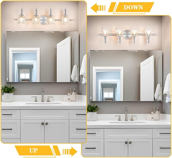 4 Light Brushed Nickel Bathroom Light Fixture, Antique Vanity Light with Flower Glass Shade, Bathroom Vanity Light Over Mirror, Farmhouse Sconces Wall Lighting for Hallway Livingroom Bedroom