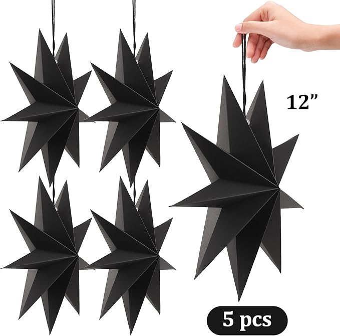 SUNBEAUTY 5 Pcs 9-Pointed Black Paper Star Lanterns 12 Inch Hanging Lamp Black Paper Funeral Decorations Christmas Birthday Home Holiday Party Decorations