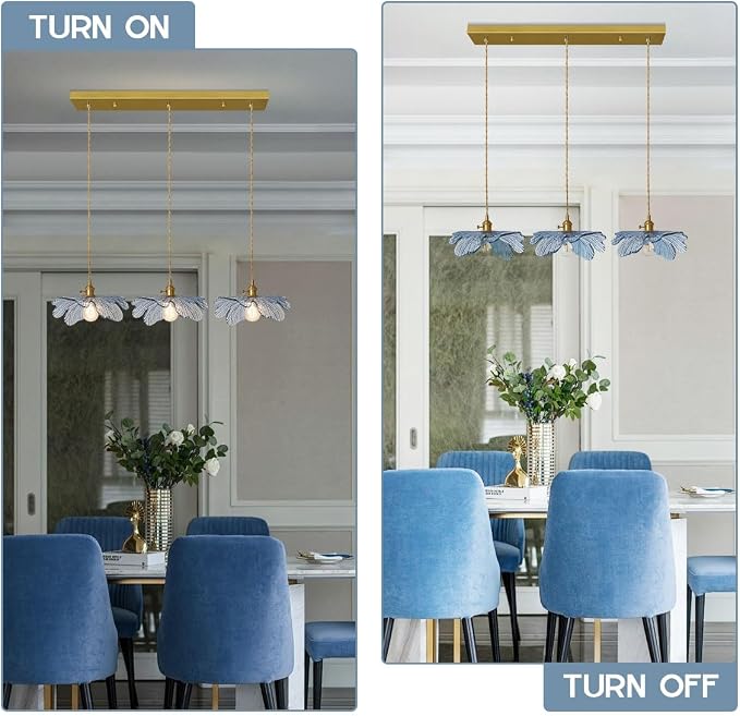 3-Light Hand Blown Glass Chandelier, Blue Flower Glass Shade with Brushed Brass Gold Base, Adjustable Pendant Light Mid Century Vintage Farmhouse Hanging Lamp for Dining Room Kitchen Island
