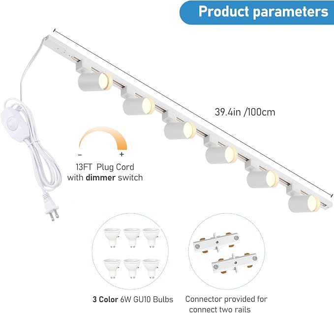 3-Color Plug in Track Lighting with Power Cord, 6-Light GU10 Dimmable Track Lighting Kit with Track Rail, Kitchen LED Track Lighting Fixtures Ceiling Wall Spot Light, 13FT Plug Cord, White