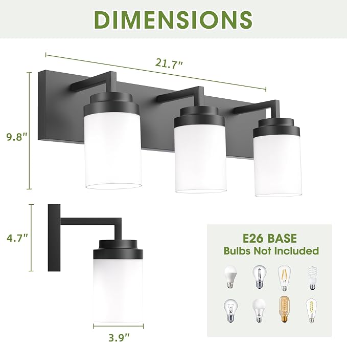 Bathroom Vanity Light, 3 Light Matte Black Vanity Light with White Matte Glass Shade, 22in Farmhouse Wall Light, Lighting Fixtures Over Mirror for Bathroom/Living Room