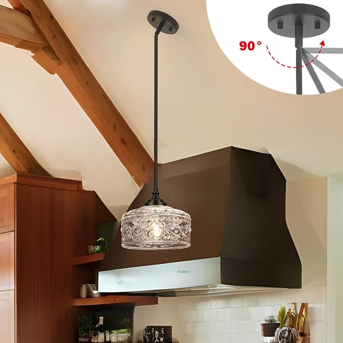 Daunton Black Vintage Pendant Lights Kitchen Island with Glass Over Sink | Adjustable Height Kitchen Light Pendant,Bathroom Pendant Light,Dual Mount Ceiling & Hanging Fixtures, 90° Swivel for Home