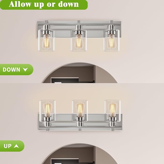 3-Light 21inch Brushed Nickel Vanity Light, Thickened Clear Glass | Over Mirror for Bathroom, Rust Resistant, E26 Base, Easy Install, Removable Glass Shade Horizontal Mount, Dimmable