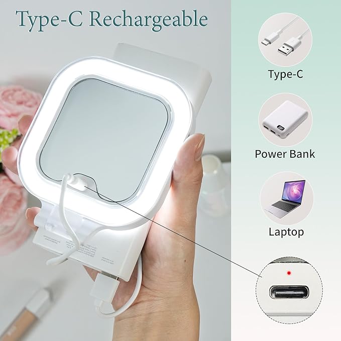 FUNTOUCH Rechargeable Travel Makeup Mirror 30X Magnification, Lighted Portable Vanity Mirror with 3 Colors Lighting & Stepless Dimming, Double Sided LED Mirror, Gift for Women (White+Bag)