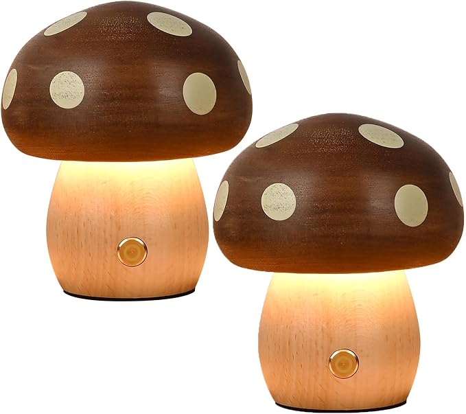 Wood Small Mushroom Table Lamp, LED Rechargeable Cordless Touch Bedside Lamps, Stepless Dimming Night Light, Battery Lamp for Bedroom Nightstand Birthday Gifts (2pcs Mushroom Lights)