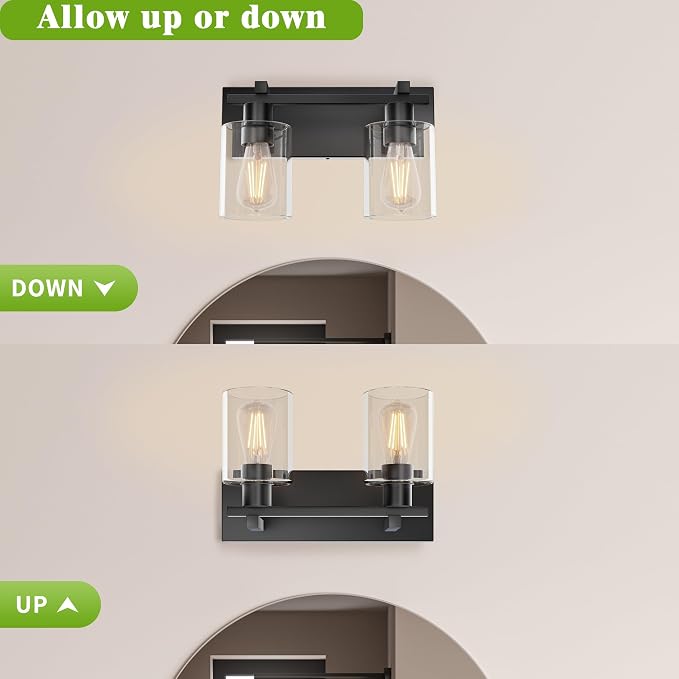 2-Light 13inch Matte Black Vanity Light, Thickened Clear Glass | Over Mirror for Bathroom, Rust Resistant, E26 Base, Easy Install, Removable Glass Shade Horizontal Mount, Dimmable