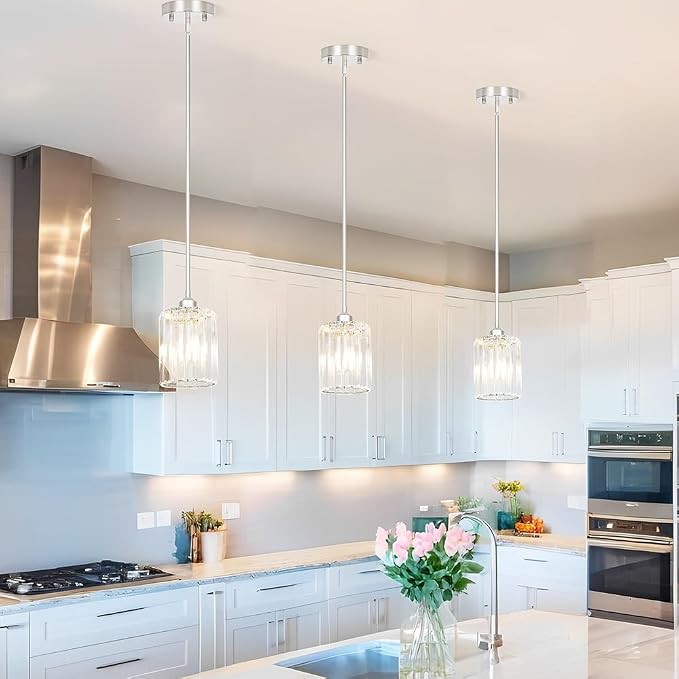 Lxybcce Chrome Kitchen Pendant Lights Over Island with Adjustable Rods - Crystal Pendant Lighting Fixtures 3 Pack, Ideal Over Dining Table or Bar, E26 Bulb Compatible, No Electrician Needed