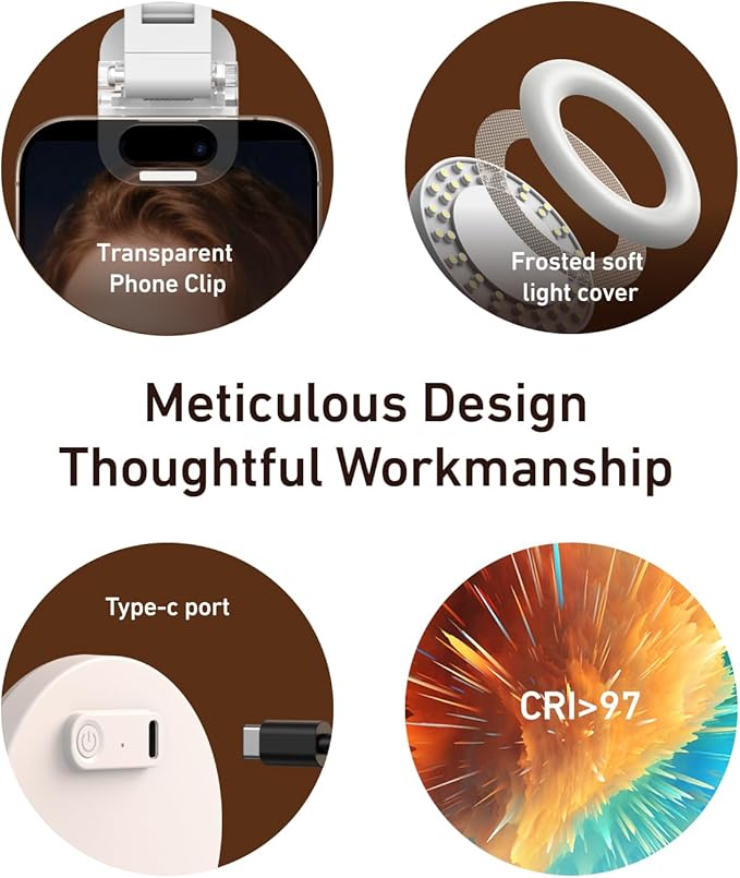 TELESIN Clip-on Selfie Ring Light, Rechargeable Portable 360° LED Selfie Fill Light with Mirror for Phone/iPhone Photography, Computer Laptop Video Conference, TikTok, Zoom Calls, Girl Makeup