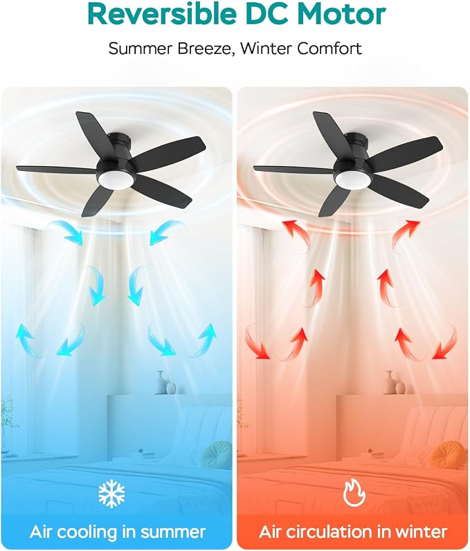 42 Inch Ceiling Fans with Lights, Quiet Reversible Fan with DC Motor, Remote & APP Control, 6-Speed, 3 Color Temperatures, Dimmable, Ceiling Fan for Bedroom Living Room,Black