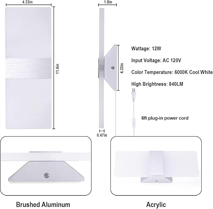 TRLIFE Wall Sconce Plug in, Modern Wall Sconce 12W Wall Mounted Light 6000K Cool White Acrylic LED Wall Lights with 6FT Plug in Cord and On/Off Switch on The Cord(1 Pack, Silver)
