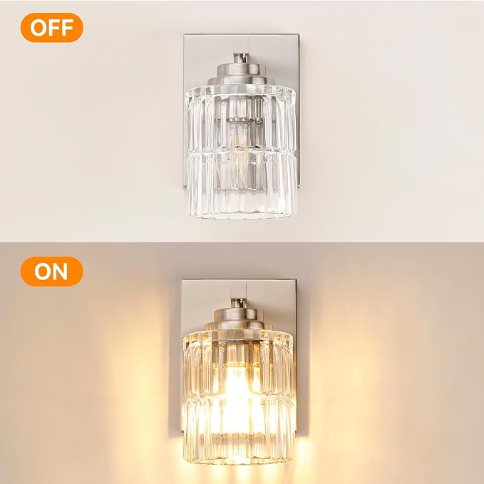 TALOYA Brushed Nickel 2 Pack Wall Sconces with Fluted Cylinder Glass Shade | Modern Vanity Lighting Fixtures, Bathroom Lights Over Mirror, Wall Mount Mirror Light Fixtures for Bathroom Hallway Bedroom