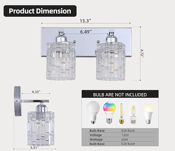 Chrome 2-Light Crystal Bathroom Vanity Light Fixture Over Mirror, Modern Bathroom Wall Light for Living Room, Bedroom, Hallway
