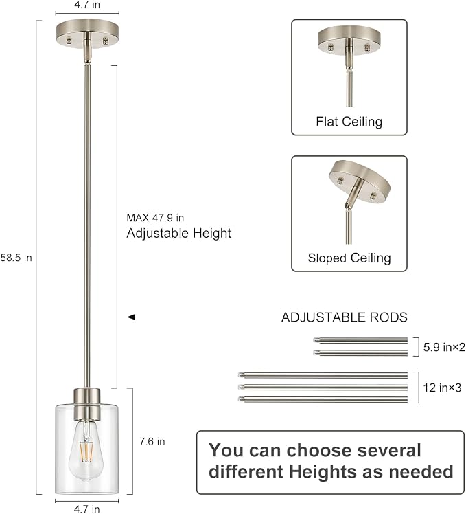 Modern Farmhouse Brushed Nickel Pendant Lights, Mini Hanging Light Fixture with Clear Glass Shade, Adjustable Rods for Kitchen Island, Sink, Bar (1 Pack)