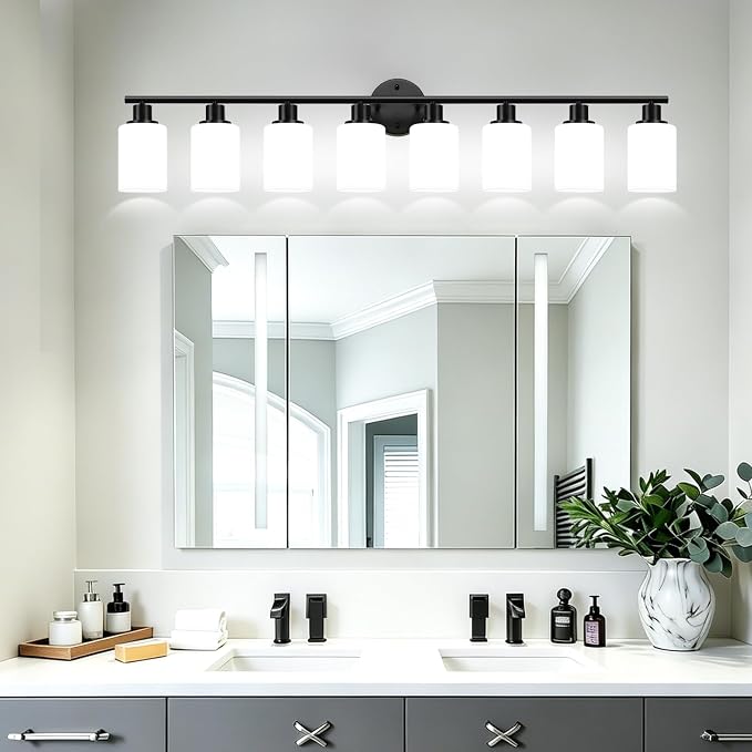 Zarbitta 8-Light Bathroom Light Fixtures, Black Modern Vanity Lights with Milky White Frosted Glass Shades, Bathroom Wall Lamp for Mirror, Living Room, Hallway, Kitchen, Cabinet, Porch