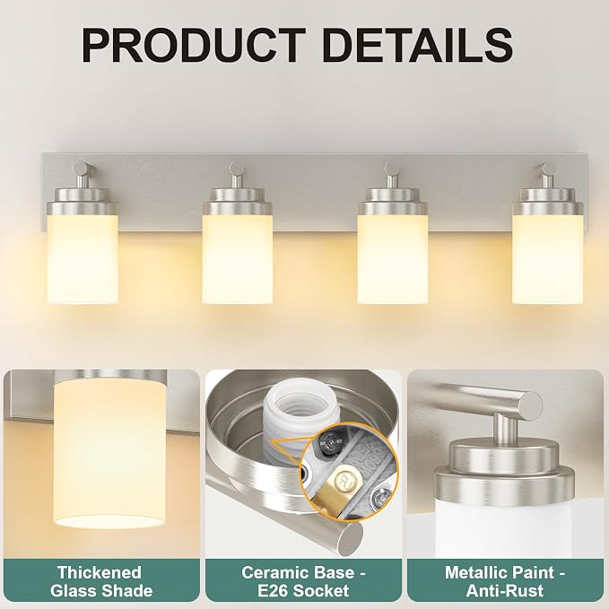 IZORRO Bathroom Vanity Light Fixture, 4-Light 30 Inch Brushed Nickel Bathroom Light Fixtures Over Mirror, with White Glass Shade, Modern Farmhouse Vanity Lights, Rustic Restroom Lighting Fixtures