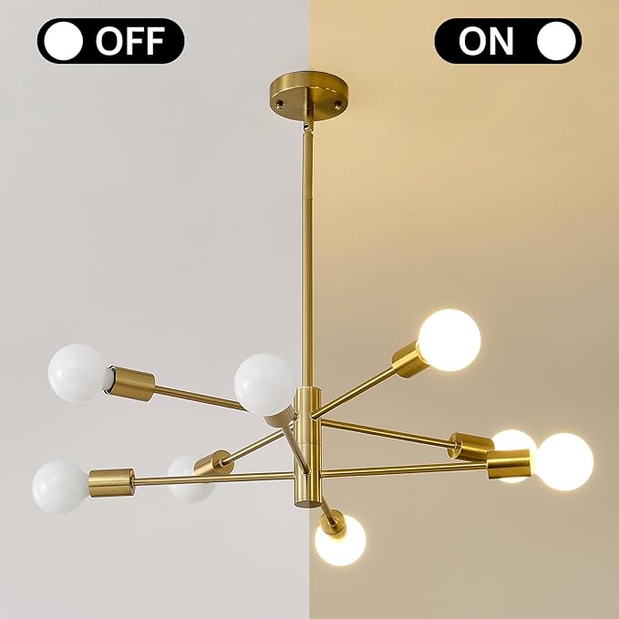 HHR 8-Light Gold Sputnik Ceiling Light Fixture, 26-Inch Kitchen Chandelier with Adjustable Height, E26 Mid Century Modern Chandelier for Dining Room Living Room Foyer Entryway