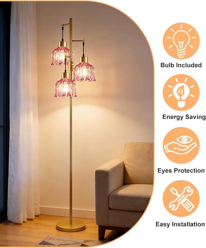 Lightdot 3-Light Flower Floor Lamps, 65'' Dimmable Floor Lamp with Rose Red Glass Shade& Bulbs Included, Mid Century Standing Lamp with 5Lbs Heavy Base for Living Room/Bedroom/Sofa Beside-Gold