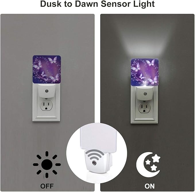 Purple Butterfly Night Light Set of 2, Sparkle Star Auto Sensor LED Dusk-to-Dawn Nightlights, Plug-in Sensor Lamp for Bedroom Bathroom Kitchen Hallway Stairs Decorative