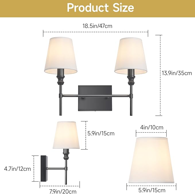 Bathroom Vanity Light,Vintage Bathroom Lighting Fixture Over Mirror,2-Light Black Vanity Light,Double Wall Sconce With Flared White Fabric Lampshade For Bedroom,Living Room,Hardwired, E12 Base