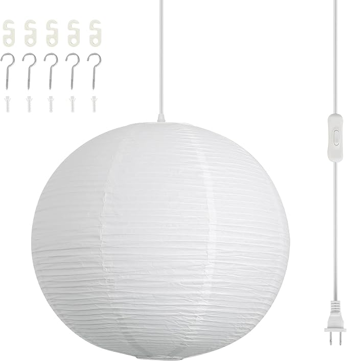 20in Paper Lanterns Plug in Hanging Lamp White, 19.7FT Cord | Rice Paper Lamp Lantern Pendant Light Large Globe Japanese Japandi Wabi Sabi Chandelier for Dining Living Room Bedroom 1 Pack