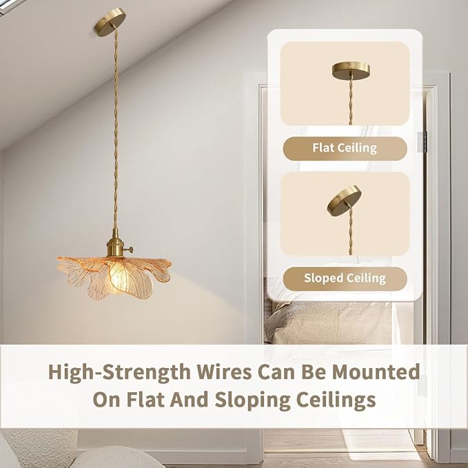 Mid Century Pendant Light for Kitchen with Blown Flower Amber Glass | Vintage Hanging Light 12.99" Art Decor Glass Ceiling pendant Lamp Gold Brass E26, Adjustable Height Sloping Flat ceilings