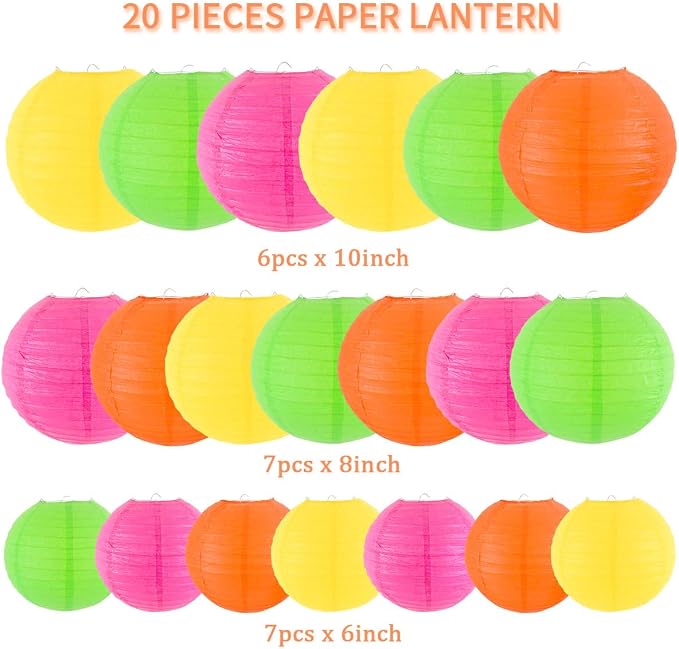 Paper Lanterns Party Decorations, Hanging Round Chinese Lanterns for Glow in The Dark Party Neon Birthday Decorations Pack of 20 Colorful