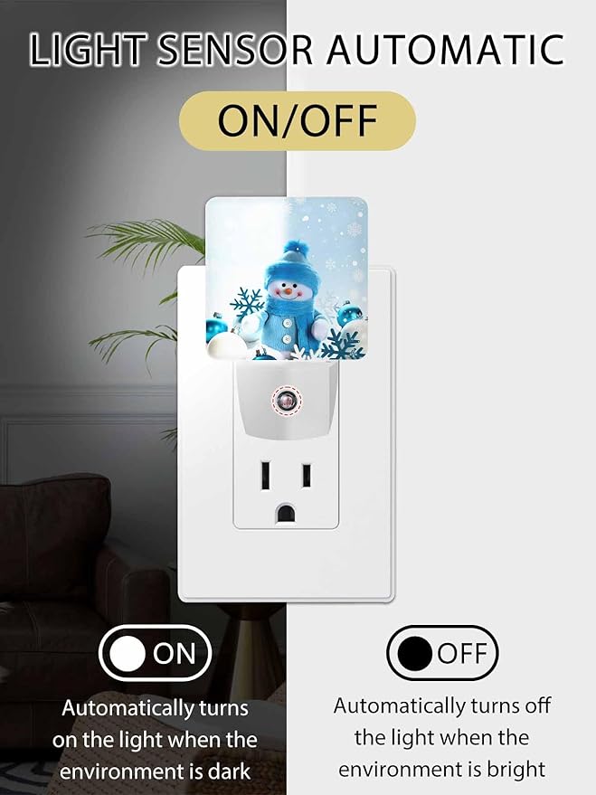Snowman Night Lights Plug into Wall LED Night Light Christmas Cute Doll Snowflake Automatic Dimmable Dusk-to-Dawn Square Shaped Smart Nightlight for Bathroom/Bedroom