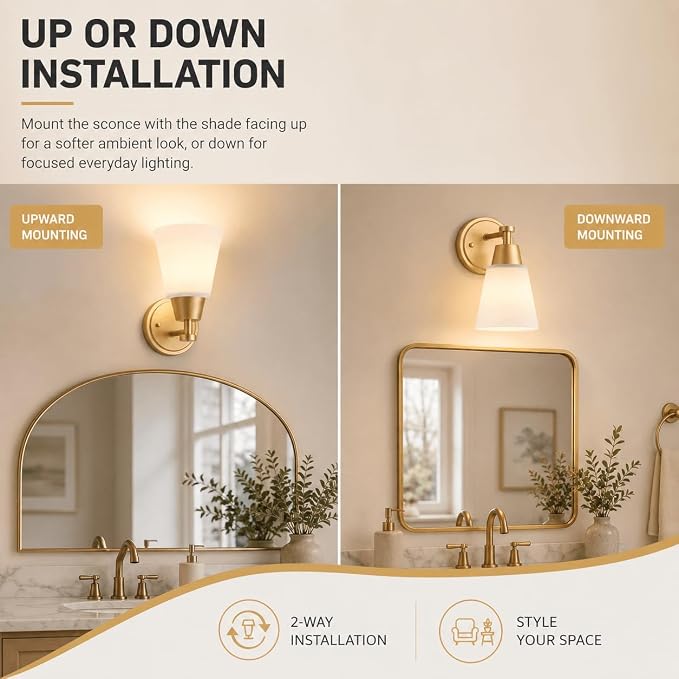 Wall Light Fixtures, 2-Pack Brushed Gold Vanity Lights with Milk Glass Shade, Modern Farmhouse Wall Sconces for Gallery, Mirror, Bedroom, and Bathroom,1 Light