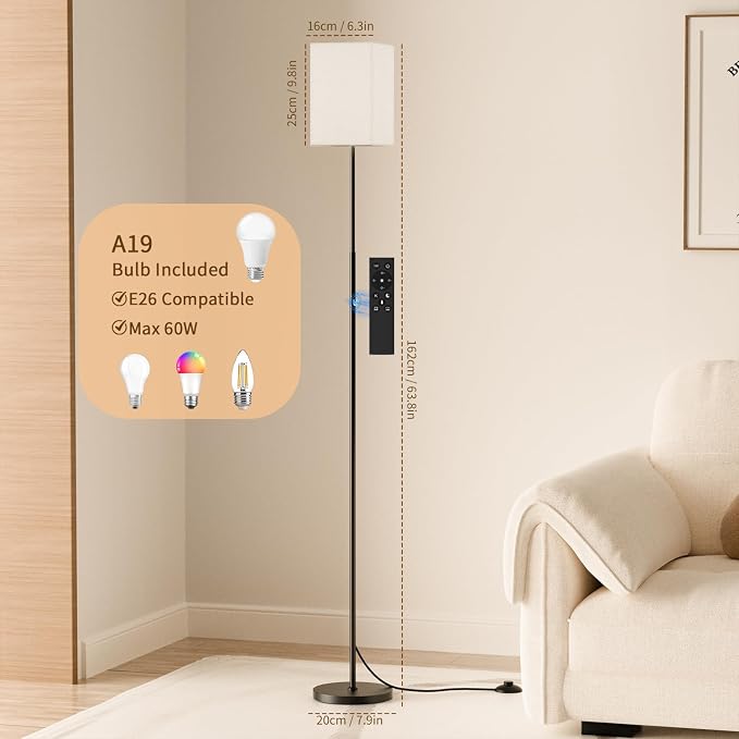 63.8" Square Floor Lamp with White Fabric Shade | Dimmable with Remote and Foot Switch, 3 Color Temperatures, 9W LED Bulb Included, Ideal for Living Room, Bedroom or Office