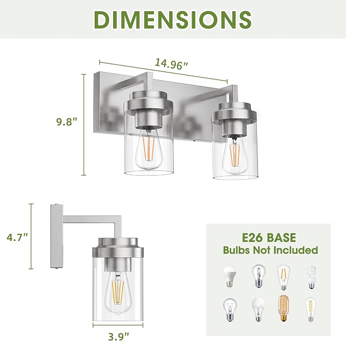 Bathroom Vanity Fixtures, 2 Light Matte Nickel Vanity Light with Clear Glass Shade, 15in Farmhouse wall Light, Lighting Fixture Over Mirror for Bathroom