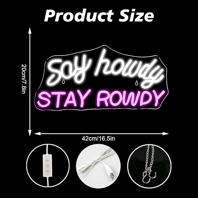 Say Howdy Stay Rowdy Neon Sign Wall Decor Dimmable Neon Light for Man Cave Pub Beer Bar Bedroom Recreation Room Gift