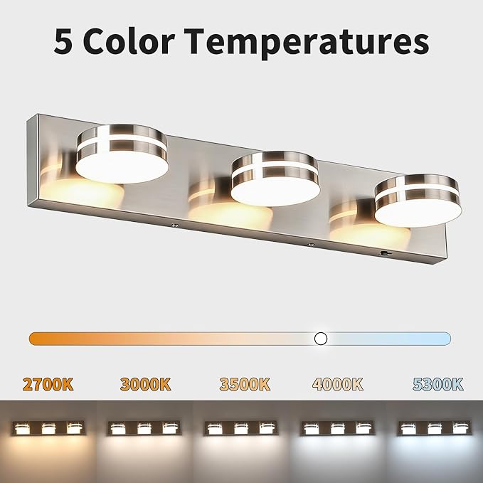 3-Light Bathroom Vanity Light 23.62in Brushed Nickel Vanity Light | 5CCT 18W LED Bathroom Light Fixtures Over Mirror,Dimmable 360°Rotate for Makeup Vanity Table Bathroom Mirror Bedroom