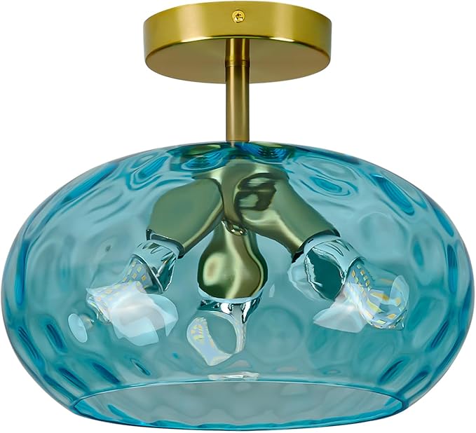 Vintage Semi Flush Mount Ceiling Light ,12″ Art Deco Blue Hammered Glass | Gold,Mid Century,Whimsical,MCM,Unique Cute Retro Light Fixtures for Girls Bedroom,Entryway Laundry Room Kitchen Closet Foyer