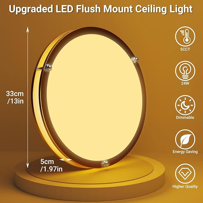 libtit 13 Inch Flush Mount Ceiling Lights, Dimmable 3000K-6500K Adjustable LED Ceiling Light, 24W Round Slim Light Fixture Gold for Kitchen Bedroom Bathroom Hallway-2 Pack