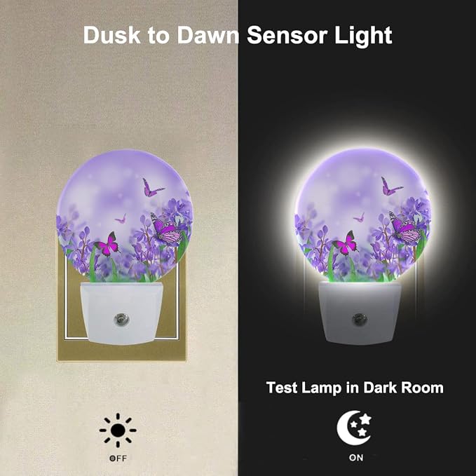 Flower Butterflies Night Light Purple Spring Crocuses Flowers Garden Butterfly LED Dusk to Dawn Plug-in Nightlight Auto Sensor for Bedroom Bathroom Hallway Living Room
