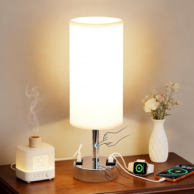 MOICO Bedside Table Lamp for Bedroom, 3-Way Dimmable Nightstand Lamp with USB C, USB A Ports & AC Outlet, Small Table Lamp Fabric Shade for Living Room Dorm Office, LED Bulb Included (14in Silver)