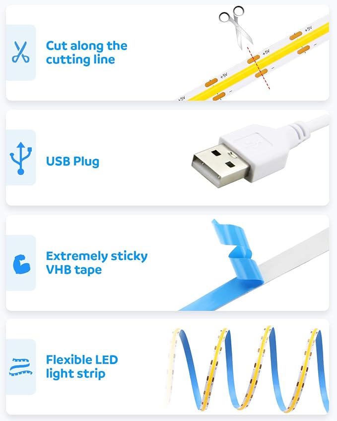Aclorol COB LED Strip Light 5V USB White 6000K 13.12FT/4M 1280LEDs CRI85+ LED Light Strip for Bedroom Super Bright Tape Lights with 1M Cable for Under Cabinet Desks 3D Printer DIY Lighting Decor
