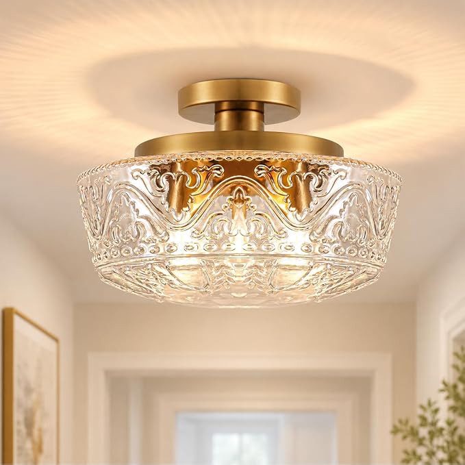 Daunton 3 Light Semi Flush Mount Ceiling Light Fixtures, Brushed Antique Brass Hallway Light Fixtures, Vintage Glass Ceiling Light Fixture for Bedroom, Closet, Entryway, Bathroom, Kitchen, E26*3