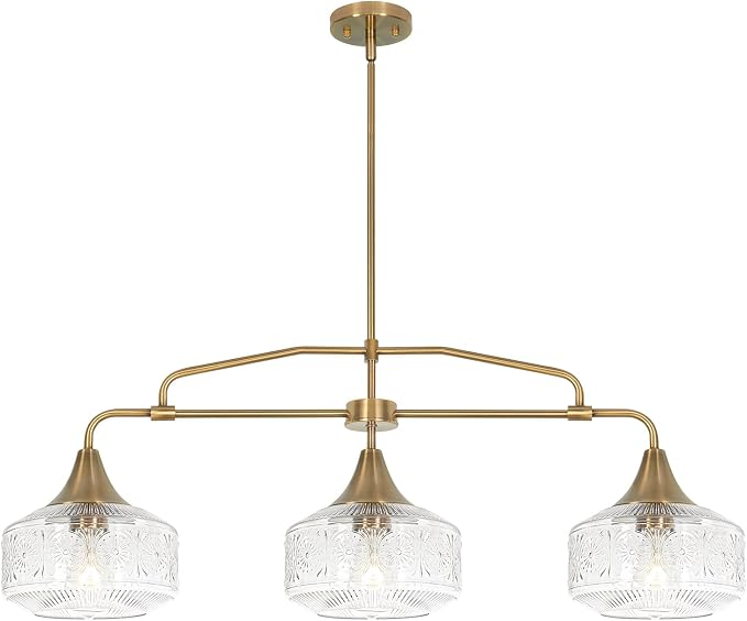 Farmhouse 3-Light Adjustable Kitchen Island Lighting with Clear Glass Shades, Brass Gold Finish Pendant Lights for Dining Room Table, Industrial Island Lights Chandelier for Modern Home Decor